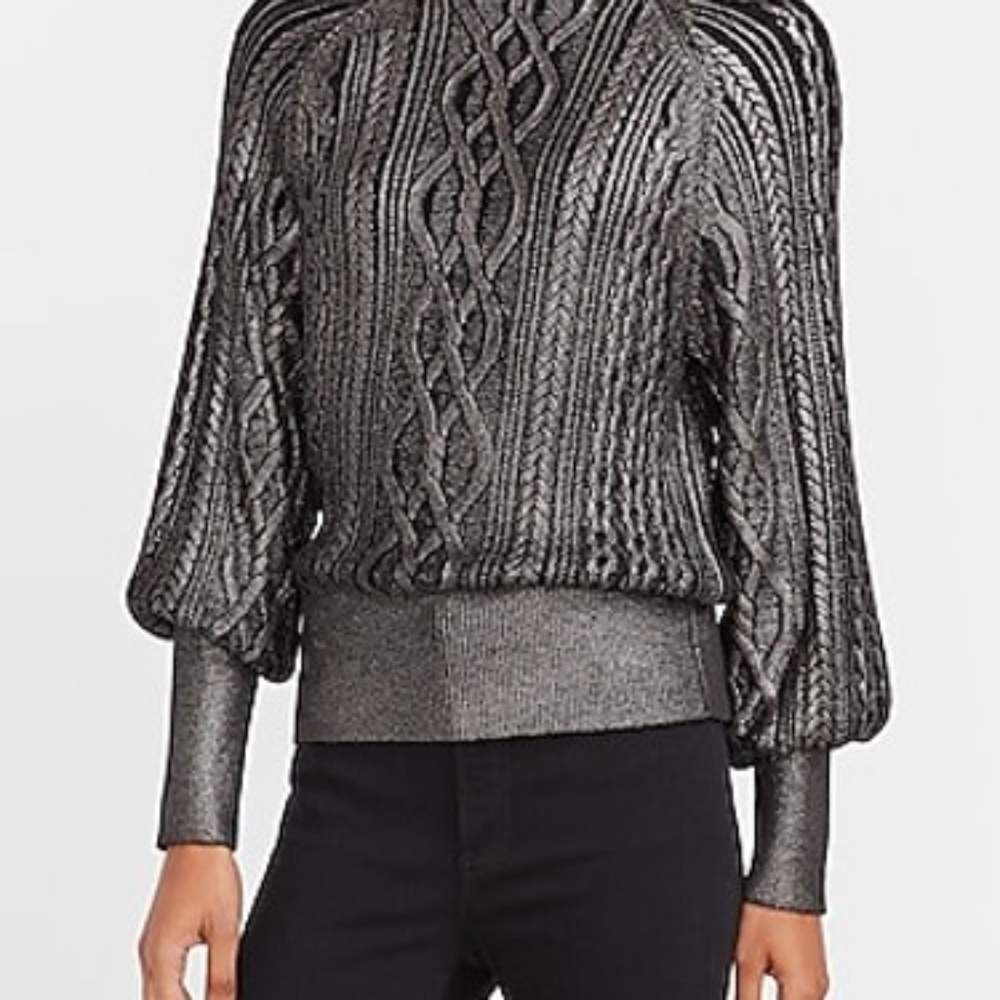 Metallic Foil Cable Knit Mock Neck Sweater